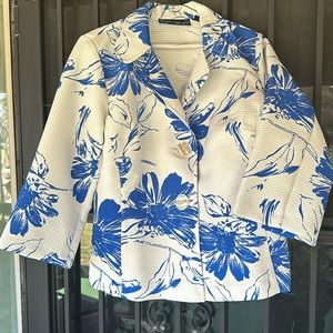 Susan Graver size small white blue floral button front jacket women's